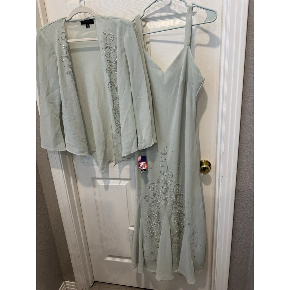 VTG Y2k Formal Dress Mother Of Bride Jacket Set Ruffle Long Sage Green Large 16